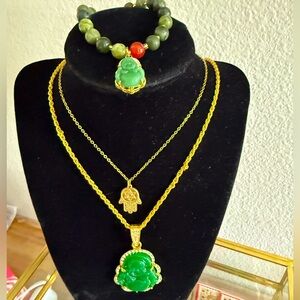Green Buddha necklace, Beaded Green Buddha Bracelet, & Star of David Necklace